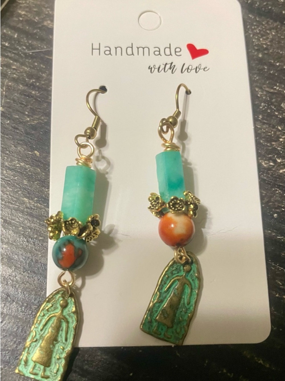 Handmade Turquoise & Orange Dangle Earrings with Gold Accents